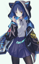 Rule 34 | 1girl, absurdres, animal ears, black hoodie, black pantyhose, blue hair, blue ribbon, blue skirt, blunt bangs, blush, bocchi the rock!, cigarette, closed mouth, collared shirt, commentary, cowboy shot, expressionless, eyelashes, eyes visible through hair, fake animal ears, fingernails, hand up, highres, holding, holding cigarette, hood, hood up, hoodie, looking at viewer, miniskirt, mole, mole under eye, nenehotoso, pantyhose, pleated skirt, ribbon, school uniform, shirt, short hair, sidelocks, simple background, skirt, smoking, solo, white background, white shirt, yamada ryo, yellow eyes