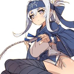 Rule 34 | 1girl, ainu clothes, alchera, bandages, bandana, blue eyes, chain, commentary request, cowboy shot, cropped jacket, folded ponytail, headband, kamoi (kancolle), kantai collection, panties, pelvic curtain, side-tie panties, sidelocks, simple background, solo, thick eyebrows, thighhighs, underwear, white background, white hair, wrist guards