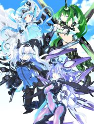 Rule 34 | + +, 4girls, arm strap, armored boots, bare shoulders, black heart (neptunia), blanc (neptunia), blue eyes, blue hair, blue sky, bodysuit, boots, breasts, cloud, covered navel, crop top, d-pad, d-pad hair ornament, flat chest, gauntlets, gloves, green hair, green heart (neptunia), hair between eyes, hair ornament, hat, headgear, highres, horns, large breasts, long hair, medium breasts, midriff, multiple girls, navel, neon trim, neptune (neptunia), neptune (series), next black, next form, next green, next purple, next white, noire (neptunia), open mouth, ponytail, power symbol, power symbol-shaped pupils, purple eyes, purple hair, purple heart (neptunia), ramu-on@ shinon, red eyes, see-through, short hair with long locks, sidelocks, single horn, skin tight, sky, small breasts, smile, symbol-shaped pupils, thighhighs, thighs, turtleneck, vert (neptunia), very long hair, visor, white hair, white heart (neptunia), wings