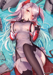 Rule 34 | 1girl, :o, antenna hair, azur lane, black thighhighs, blush, breasts, brown eyes, cross, damaged, finger to mouth, garter straps, gloves, hair between eyes, iron cross, knee up, large breasts, long hair, looking at viewer, lying, machinery, mole, mole on breast, multicolored hair, on back, open mouth, partially submerged, prinz eugen (azur lane), red hair, rigging, sideboob, sidelocks, silver hair, solo, streaked hair, swept bangs, tamanotsuyu, thighhighs, thighs, two side up, very long hair, water, wet, wet hair