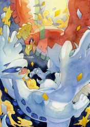 Rule 34 | bird, black eyes, bright pupils, commentary request, creatures (company), eye contact, game freak, gen 2 pokemon, highres, ho-oh, legendary pokemon, looking at another, lugia, nintendo, no humans, open mouth, orange eyes, pokemon, pokemon (creature), talons, tongue, white pupils, yamanashi taiki