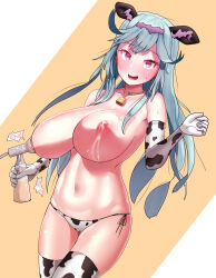 Rule 34 | 1girl, animal print, bikini, blue hair, blush, bottle, breast pump, breasts, chaos aurora (grimms notes), commentary request, cow print, cow print bikini, elbow gloves, gloves, grimms notes, hairband, highres, huge breasts, lactation, long hair, milk bottle, milking machine, navel, nervous sweating, nipples, no bra, open mouth, print bikini, red eyes, solo, sweat, swimsuit, tyamame589, white background, yellow background