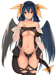 Rule 34 | 1girl, asymmetrical wings, bare shoulders, blue hair, breasts, collarbone, cowboy shot, dizzy (guilty gear), guilty gear, hair ribbon, hand on own chest, kureha (ironika), navel, red eyes, ribbon, simple background, solo, tail, thighhighs, underboob, wings