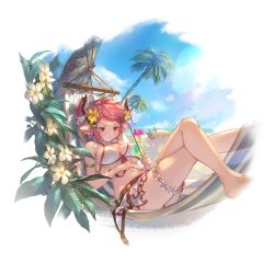 Rule 34 | 1boy, 1girl, alpha transparency, animal ears, barefoot, beach, belt, bikini, bikini skirt, blue hair, blush, breasts, bridal garter, brown eyes, cleavage, closed mouth, cloud, crab, crossed legs, cup, day, drang (granblue fantasy), draph, drinking glass, drinking straw, earrings, erune, flower, front-tie top, granblue fantasy, hair flower, hair ornament, hammock, holding, horns, jewelry, large breasts, minaba hideo, navel, official art, outdoors, palm tree, pointy ears, purple flower, red hair, sand, short hair, sideboob, sky, solo focus, starfish, sturm (granblue fantasy), swimsuit, sword, transparent background, tree, tropical drink, underboob, weapon, white bikini, white flower, yellow flower