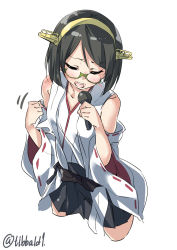 Rule 34 | 10s, 1girl, black hair, blush, clenched hand, closed eyes, collarbone, cowboy shot, cropped legs, ebifurya, glasses, green-framed eyewear, hairband, highres, holding, holding microphone, kantai collection, kirishima (kancolle), kirishima kai ni (kancolle), long sleeves, microphone, motion lines, music, no legwear, nontraditional miko, open mouth, ribbon-trimmed sleeves, ribbon trim, semi-rimless eyewear, short hair, simple background, singing, solo, twitter username, under-rim eyewear, white background, wide sleeves