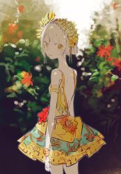 Rule 34 | 1girl, arms at sides, bare back, blurry background, bush, cowboy shot, dress, expressionless, flower, from behind, leaf, looking back, original, outdoors, red flower, short hair, sketch, solo, standing, sumi (pixiv619693), white hair, yellow dress