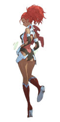 Rule 34 | 1girl, ahoge, armor, ass, back cutout, bad id, bad tumblr id, black leotard, boots, breasts, clothing cutout, dark-skinned female, dark skin, detached sleeves, downcast eyes, earrings, faulds, from behind, gloves, high heel boots, high heels, high ponytail, jewelry, kilart, knee boots, leotard, red eyes, red hair, red leotard, small breasts, solo, very dark skin