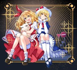 Rule 34 | 2girls, animal, apron, black footwear, blonde hair, bloomers, blue dress, bow, brown footwear, cat, closed eyes, dress, elbow gloves, ellen (touhou), frilled dress, frills, full body, gloves, hair ribbon, hand on own face, happy, highres, holding, holding animal, holding cat, kana anaberal, katayama kei, long hair, mary janes, multiple girls, no entry sign, open mouth, phantasmagoria of dim.dream, puffy short sleeves, puffy sleeves, red bow, red dress, red ribbon, ribbon, road sign, shoes, short hair, short sleeves, sign, socks, sokrates (touhou), sparkle, stop sign, touhou, touhou (pc-98), underwear, white bloomers, white headwear, white socks, yellow eyes