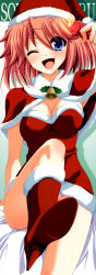 Rule 34 | 1girl, ;d, absurdres, bell, blue eyes, blush, boots, breasts, candle, christmas, cleavage, fang, female focus, gradient background, hat, high heels, highres, holly, long image, official art, one eye closed, open mouth, panties, pink hair, ribbon, santa costume, santa hat, shin genre esudere!!, shoes, smile, sobue meguru, solo, striped clothes, striped panties, tall image, underwear, wink, yukizuki chikuba