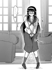 Rule 34 | ..., 1girl, between legs, blush, closed mouth, collarbone, couch, curtains, door, embarrassed, female focus, flat chest, full body, greyscale, hairband, halftone, hand between legs, have to pee, heart, highres, indoors, japanese text, long hair, long sleeves, monochrome, neckerchief, nose blush, own hands together, peeing, peeing self, pigeon-toed, pleated skirt, puddle, sailor collar, school uniform, serafuku, shirt, shoes, skirt, socks, solo, speech bubble, spoken blush, spoken ellipsis, standing, steam, sweat, tohno akiha, translation request, trembling, tsukihime, typeakiha73, v arms, wet, wet clothes, window