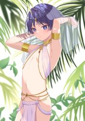 Rule 34 | 1boy, arm cuffs, blue eyes, blush, genshin impact, highres, jewelry, leaf, looking at viewer, male focus, necklace, palm tree, purple hair, revealing clothes, scaramouche (genshin impact), short hair, solo, tiara, tree, tututor, white background