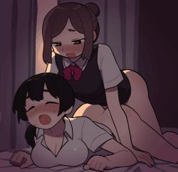 Rule 34 | 2girls, animated, animated gif, bed, bineya, black hair, blush, bottomless, breast press, breasts, brown eyes, brown hair, closed eyes, clothed sex, clothes, futa with female, futanari, hair bun, heart, heart-shaped pupils, large breasts, lying, medium breasts, multiple girls, on bed, on stomach, open clothes, open mouth, original, ponytail, prone bone, school uniform, sex, sex from behind, sweat, symbol-shaped pupils