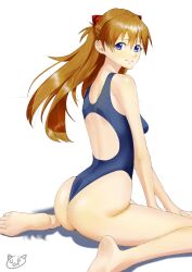 1girl arm_support ass bare_arms bare_legs bare_shoulders barefoot blue_eyes blue_one-piece_swimsuit breasts brown_hair curvy hair_between_eyes highleg highleg_one-piece_swimsuit highres huge_ass illust_aqua long_hair looking_at_viewer looking_back neon_genesis_evangelion one-piece_swimsuit shiny_skin simple_background sitting skindentation smile solo souryuu_asuka_langley swimsuit thong_one-piece_swimsuit toes two_side_up white_background