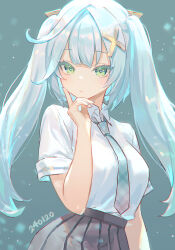 Rule 34 | 1girl, adelie cat, alternate costume, aqua hair, black skirt, blue nails, blue pupils, breasts, closed mouth, collared shirt, faruzan (genshin impact), genshin impact, green eyes, hair ornament, highres, long hair, looking at viewer, medium breasts, nail polish, necktie, pleated skirt, shirt, shirt tucked in, short sleeves, simple background, skirt, solo, symbol-shaped pupils, triangle-shaped pupils, twintails, white shirt, x hair ornament