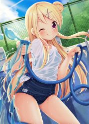 Rule 34 | 1girl, :q, bare legs, blonde hair, blue sky, chain-link fence, cloud, commentary request, contrail, cowboy shot, day, dutch angle, empty pool, female focus, fence, hair bun, hair ornament, hairclip, highres, hose, kin-iro mosaic, kujou karen, long hair, looking at viewer, minato ojitan, name tag, one-piece swimsuit, one eye closed, outdoors, pool, red eyes, school swimsuit, see-through, shirt, single hair bun, sky, smile, solo, starting block, swimsuit, swimsuit under clothes, thighs, tongue, tongue out, water, wet, wet clothes, wet shirt, white shirt
