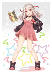 Rule 34 | 1girl, absurdres, black footwear, black jacket, blonde hair, blush, breasts, choker, collarbone, commentary request, cosplay, creatures (company), crossover, dress, fate/grand order, fate (series), game freak, gen 8 pokemon, hair ribbon, highres, holding, holding poke ball, illyasviel von einzbern, jacket, long hair, long sleeves, looking at viewer, marnie (pokemon), marnie (pokemon) (cosplay), mikujin (mikuzin24), morpeko, morpeko (full), nintendo, open clothes, open mouth, pink dress, poke ball, poke ball (basic), pokemon, pokemon swsh, red eyes, red ribbon, ribbon, shoes, smile