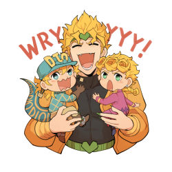 Rule 34 | 3boys, argyle, argyle clothes, argyle sweater, blonde hair, blue eyes, braid, chibi, claws, curly hair, diego brando, dinosaur tail, dio brando, fangs, father and son, giorno giovanna, green eyes, green nails, headband, heart, highres, jacket, jojo no kimyou na bouken, laughing, male focus, multiple boys, nail polish, norue, open mouth, stardust crusaders, steel ball run, sweater, tail, turtleneck, vampire, vento aureo, wryyyyyyyyyyyyyyyyyyyy, yellow jacket