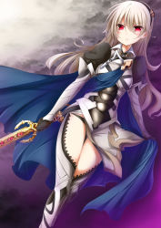 Rule 34 | 1girl, absurdres, armor, black hairband, black panties, cape, corrin (female) (fire emblem), corrin (fire emblem), eyebrows, female focus, fire emblem, fire emblem fates, hair between eyes, hairband, highres, holding, holding sword, holding weapon, long hair, looking at viewer, nintendo, panties, pointy ears, puffy sleeves, red eyes, silver hair, solo, sword, underwear, weapon, zero-theme