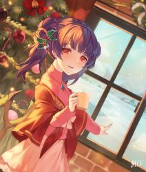 Rule 34 | 1girl, absurdres, alternate costume, blush, christmas, christmas lights, christmas ornaments, christmas tree, christmas wreath, contemporary, cup, dragon girl, dragon wings, dress, drink, drinking, eyebrows, fire emblem, fire emblem: the sacred stones, gold trim, highres, jewelry, kiriyama2109, looking at viewer, looking back, mug, multi-tied hair, myrrh (fire emblem), necklace, nintendo, open mouth, outstretched hand, pink shirt, pointing, purple hair, red eyes, red shawl, ribbon, shawl, shirt, skirt, smile, snow, snowing, solo, twintails, white skirt, window, wings, winter, winter clothes, wreath, yellow wings