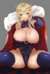 Rule 34 | 1girl, apt, artoria pendragon (fate), artoria pendragon (lancer) (fate), blonde hair, blue gloves, blue thighhighs, breasts, breasts out, cape, cleavage, crown, elbow gloves, fate/grand order, fate (series), full body, fur trim, gauntlets, gloves, green eyes, grey background, hair between eyes, heattech leotard, highres, huge breasts, leotard, looking at viewer, mature female, nipples, no bra, simple background, smile, solo, spread legs, squatting, thighhighs, turtleneck, wavy hair