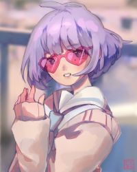 Rule 34 | 1girl, ahoge, arm up, blue eyes, blue necktie, blurry, blurry background, commentary, english commentary, glasses, heart, heart-shaped eyewear, heart-shaped glasses, heart-shaped pupils, heart-shaped sunglasses, highres, k1ruse, light purple hair, long sleeves, necktie, original, outdoors, replaceme, sailor collar, school uniform, serafuku, shirt under sweater, short hair, sleeves past wrists, solo, sunglasses, sunlight, sweater, symbol-shaped pupils, teeth, white sailor collar