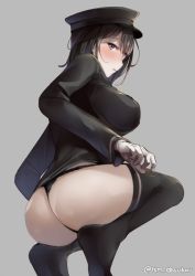 Rule 34 | 1girl, akitsu maru (kancolle), ass, black hair, black hat, black jacket, black panties, blush, breasts, closed mouth, embarrassed, from below, gloves, grey background, grey eyes, hat, jacket, juurouta, kantai collection, large breasts, long sleeves, looking at viewer, no shoes, panties, peaked cap, short hair, simple background, solo, thighhighs, thong, twitter username, underwear, white gloves