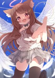 Rule 34 | 1girl, angel wings, animal ear fluff, animal ears, black thighhighs, blue sky, bow, bowtie, brown hair, feathers, g4ku, grey skirt, grey sweater, halo, heart, heart-shaped pupils, highres, long hair, looking at viewer, miniskirt, open mouth, original, outdoors, plaid, plaid skirt, red eyes, skirt, sky, solo, sweater, symbol-shaped pupils, thighhighs, white feathers, white wings, wings, zettai ryouiki