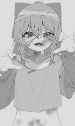Rule 34 | 1girl, bandaged head, bandages, bandaid, bandaid on face, bare shoulders, bite mark, bow, bruise, bruise on face, claw pose, collarbone, commentary request, cropped shirt, greyscale, hair bow, highres, injury, layered sleeves, long sleeves, looking at viewer, monochrome, mushoku loli, mushoku loli (character), navel, off-shoulder shirt, off shoulder, open mouth, original, shirt, short hair, short over long sleeves, short sleeves, simple background, solo, upper body