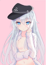 Rule 34 | 1girl, anchor symbol, black hat, blue eyes, blush, breasts, closed mouth, collarbone, fingernails, flat cap, hair between eyes, hat, hibiki (kancolle), highres, hizaka, kantai collection, long hair, long sleeves, navel, open clothes, open shirt, pink background, shirt, silver hair, simple background, small breasts, solo, upper body, white shirt