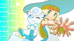 Rule 34 | 1girl, alolan form, alolan vulpix, blonde hair, braid, closed mouth, collared dress, commentary request, copyright name, creatures (company), dress, eyelashes, game freak, gen 7 pokemon, green eyes, hat, highres, kuroki shigewo, lillie (pokemon), long hair, looking at viewer, nintendo, outstretched arms, pokemon, pokemon (anime), pokemon (creature), pokemon sm (anime), sleeveless, sleeveless dress, smile, spread fingers, sun hat, sundress, twin braids, white dress, white headwear