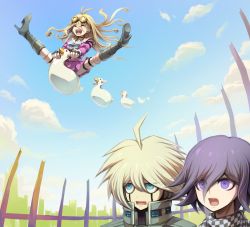 Rule 34 | 1girl, :d, ahoge, antenna hair, bird, black footwear, black scarf, blonde hair, blue eyes, blue sky, boots, breasts, checkered clothes, checkered neckwear, checkered scarf, choker, danganronpa (series), danganronpa v3: killing harmony, day, duck, fangs, floating hair, gloves, goggles, goggles on head, happy, iruma miu, k1-b0, knee boots, long hair, looking at another, looking up, medium hair, open mouth, oma kokichi, outdoors, purple eyes, purple hair, scarf, school uniform, skirt, sky, smile, spread legs, teeth, upper teeth only, white scarf, youko-shima