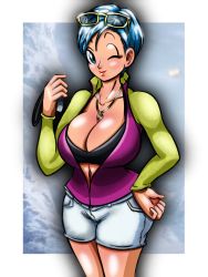 Rule 34 | 10s, 1girl, blue eyes, blue hair, breasts, bulma, cleavage, curvy, dragon ball, dragon ball super, dragon ball super broly, hand on own hip, highres, jacket, jewelry, large breasts, lips, lipstick, makeup, mature female, one eye closed, open clothes, open jacket, shiny skin, short hair, shorts, smile, standing, sunglasses, sunglasses on head, thighs, wink