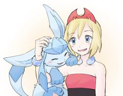 Rule 34 | 1girl, :3, ^ ^, arm up, bare shoulders, blonde hair, blue eyes, blue hair, blush, bracelet, breasts, closed eyes, collarbone, creatures (company), female focus, game freak, gen 4 pokemon, glaceon, gradient background, hairband, happy, headpat, irida (pokemon), jewelry, long hair, looking at another, neck ring, nintendo, open mouth, pokemon, pokemon (creature), pokemon legends: arceus, red hairband, red shirt, shirt, short hair, sidelocks, simple background, sketch, small breasts, smile, strapless, strapless shirt, sukasshu (mroooo), upper body, yellow background