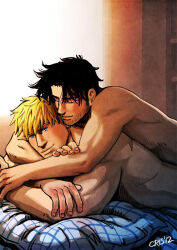 Rule 34 | 2boys, arms around neck, backlighting, bara, beard stubble, black hair, blonde hair, couple, cris art, cuddling, facial hair, hand on another&#039;s arm, heads together, hulkling, long sideburns, lying, lying on person, male focus, marvel, multiple boys, nude, on bed, on stomach, short hair, sideburns, sideburns stubble, smile, stubble, thick eyebrows, toned, toned male, upper body, wiccan, yaoi