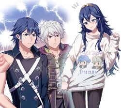 Rule 34 | 1girl, 2boys, alternate costume, ameno (a meno0), arm tattoo, black pants, black robe, blue eyes, blue hair, blue jacket, blush, brown eyes, buttons, character print, chrom (fire emblem), father and daughter, fire emblem, fire emblem awakening, grin, hair between eyes, hood, hood down, hooded robe, jacket, long hair, long sleeves, lucina (fire emblem), multiple boys, muscular, muscular male, nintendo, pants, robe, robin (fire emblem), robin (male) (fire emblem), short hair, single sleeve, sleeves past wrists, smile, sweat, sweatdrop, sweater, tattoo, tiara, white hair, white sweater