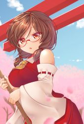 Rule 34 | 1girl, ascot, bare shoulders, blouse, blue sky, blurry, breasts, broom, brown hair, cherry blossoms, cloud, cloudy sky, collared shirt, commentary request, cosplay, covered erect nipples, cowboy shot, day, depth of field, detached sleeves, glasses, hakurei reimu, hakurei reimu (cosplay), highres, holding, holding broom, looking at viewer, low twintails, medium breasts, miyajima (anthem-anthem), open mouth, outdoors, parted lips, petals, red-framed eyewear, red shirt, red skirt, shirt, short hair, skirt, sky, sleeveless, sleeveless shirt, solo, torii, touhou, twintails, usami sumireko, yellow ascot, yellow eyes
