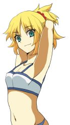 Rule 34 | 1girl, aqua eyes, arms behind head, blonde hair, fate/apocrypha, fate (series), mordred (fate), mordred (fate/apocrypha), mordred (memories at trifas) (fate), navel, ponytail, smile, strapless, tube top, upper body, woodrice