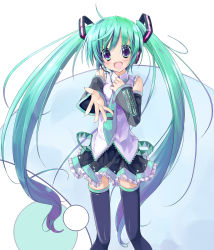 Rule 34 | 1girl, blue thighhighs, collaboration, colorized, detached sleeves, gotou nao, green eyes, green hair, hatsune miku, headphones, headset, highres, long hair, matching hair/eyes, microphone, reaching, reaching towards viewer, solo, takanashie, thighhighs, twintails, vocaloid