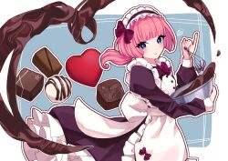 1girl absurdres apron back_bow black_dress blue_background blue_eyes blunt_bangs blunt_ends blush border bow bowl bowtie candy chocolate chocolate_heart commentary_request cowboy_shot dress food frilled_apron frilled_skirt frills hair_bow heart highres holding holding_bowl holding_utensil juliet_sleeves kaf_(kamitsubaki_studio) kamitsubaki_studio long_sleeves looking_at_viewer low_ponytail maid maid_apron maid_headdress mixing_bowl moemoebi multicolored_eyes open_mouth parted_lips pink_hair pinky_out puffy_sleeves purple_bow purple_bowtie purple_nails red_eyes skirt solo sweets three_quarter_view virtual_youtuber whisk whisking white_apron white_border white_bow yellow_pupils