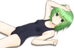Rule 34 | 1girl, armpits, arms up, bare shoulders, blush, green eyes, green hair, hand on own head, ichiban ushiro no daimaou, korone (ichiban ushiro no daimaou), lying, matching hair/eyes, school uniform, solo, swimsuit, tomy (rtm 225)