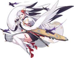 Rule 34 | 1girl, aircraft, azur lane, bcat, blue eyes, breasts, familiar, fingerless gloves, flight deck, flute, flying, full body, gloves, hair ornament, hood, instrument, japanese clothes, katana, long hair, long sleeves, mole, mole under eye, music, official art, playing instrument, sheath, sheathed, shoukaku (azur lane), silver hair, solo, sword, thighhighs, transparent background, weapon, white thighhighs