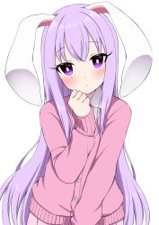 Rule 34 | 1girl, alternate costume, animal ears, blush, bright pupils, cardigan, closed mouth, commentary request, hand on own face, highres, long hair, long sleeves, looking at viewer, pink cardigan, purple eyes, purple hair, rabbit ears, rabbit girl, reisen udongein inaba, simple background, solo, straight hair, touhou, tsukimirin, upper body, very long hair, white background