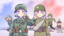 Rule 34 | 5girls, :d, :o, blonde hair, blue hair, blush, british army, brown hair, cheek pinching, closed eyes, closed mouth, company of heroes, conscript infantry squad (company of heroes), cup, drinking, german army, grenadier (company of heroes), gun, hair between eyes, hat, helmet, holding, holding cup, infantry section (company of heroes), long sleeves, looking at another, looking at viewer, looking back, military, military hat, military uniform, multiple girls, on floor, open mouth, original, outstretched arms, pinching, purple eyes, red eyes, rifle, riflemen (company of heroes), sandbag, short hair, sitting, smile, soviet, soviet army, tea, teacup, tears, uniform, united states army, volksgrenadier (company of heroes), weapon, world war ii, zhainan s-jun