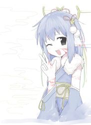 Rule 34 | blood, blood on face, blue hair, hair ornament, highres, japanese clothes, kimono, one eye closed, peace symbol, vreparty, wink, yukata