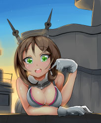 Rule 34 | 10s, 1girl, arm support, blush, breasts, brown hair, gloves, green eyes, twirling hair, headgear, kantai collection, large breasts, looking at viewer, mutsu (kancolle), nac000, open mouth, personification, round teeth, short hair, smile, solo, teeth, tsurime, white gloves