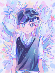 Rule 34 | 1boy, antenna hair, aqua eyes, arms at sides, black eyes, black hair, black sweater vest, bright pupils, buttons, closed mouth, collared shirt, eyepatch, flower, hair flower, hair ornament, heterochromia, highres, iro (mywife sunny), looking at viewer, male focus, omori, shirt, short hair, short sleeves, shorts, solo, sunny (omori), sweater vest, tulip, unworn eyepatch, white flower, white pupils, white shirt, white tulip