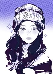 Rule 34 | 1girl, absurdres, aespa, animification, beanie, blue theme, chinese commentary, expressionless, halftone, hat, highres, jacket, k-pop, karina (aespa), long hair, looking at viewer, major league baseball, mole, mole under mouth, monochrome, new york yankees, off shoulder, portrait, real life, solo, sparkle, weibo watermark, yuanwei shaoya