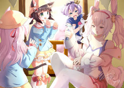 Rule 34 | 4girls, :&lt;, absurdres, animal ear fluff, animal ears, artist name, azur lane, breasts, brown hair, candy, cat ears, cherry blossoms, coca-cola, cola, commentary, crown, day, english commentary, fear sense, food, gloves, green eyes, hat, highres, indoors, jacket, javelin (azur lane), kindergarten uniform, kisaragi (azur lane), laffey (azur lane), light purple hair, lollipop, long hair, long sleeves, medium hair, mentos, mini crown, multiple girls, mutsuki (azur lane), off shoulder, open clothes, open jacket, open mouth, petticoat, pink hair, pink jacket, pleated skirt, purple hair, red eyes, red skirt, sailor collar, school hat, short hair, shouji, sidelocks, signature, single glove, skirt, sliding doors, small breasts, strap slip, tatami, thighhighs, twintails, white gloves, white legwear, yellow skirt