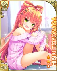 Rule 34 | 1girl, alternate costume, bare shoulders, barefoot, bedroom, black ribbon, bottomless, bow, card (medium), character name, day, fang, girlfriend (kari), green eyes, hair bow, hugging own legs, indoors, official art, open mouth, orange hair, qp:flapper, red bow, ribbon, sitting, smile, solo, sweater, tagme, toyonaga hibiki, white sweater