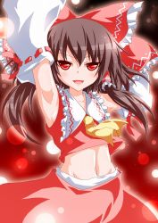 Rule 34 | 1girl, arm up, armpits, ascot, bow, brown hair, detached hair, detached sleeves, female focus, hair bow, hair tubes, hakurei reimu, kagerou (kers), kers, navel, open mouth, red eyes, smile, solo, touhou